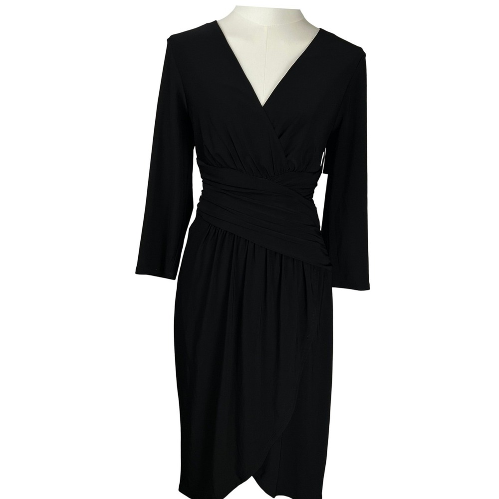 Eliza J Black Feminine Tulip Hem 3/4 Sleeve Dress Size 10 FauxWrap Chic Cocktail